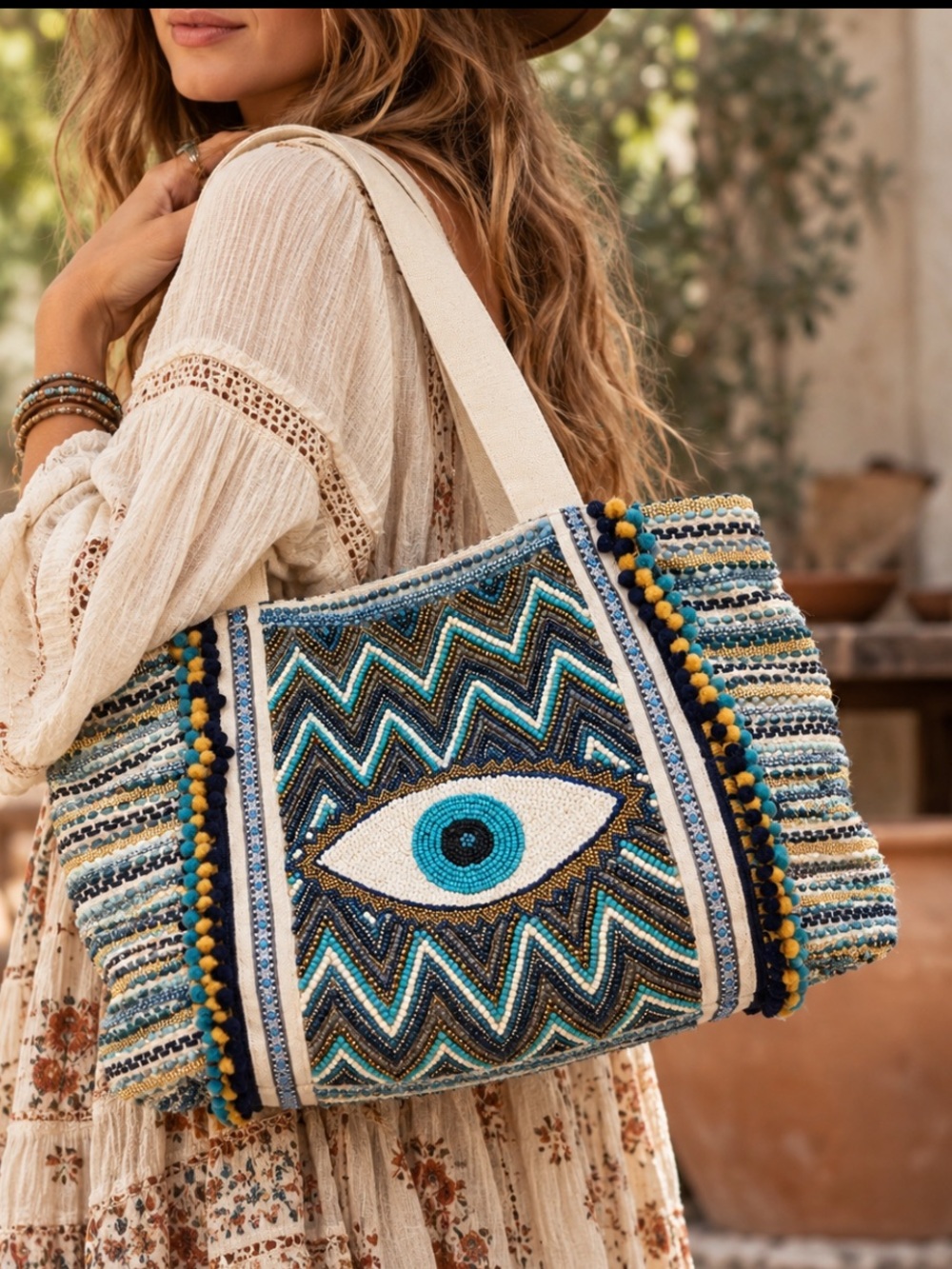 America And Beyond Boho Beaded Evil Eye Embroidered Tote Bag